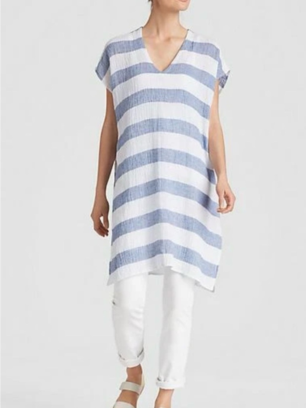 Eileen Fisher Linen Chambray White Striped Tunic Dress Cover Up Size L/XL